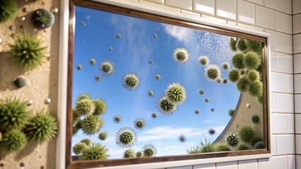 Reflection of Green Spiky Spheres in a Bathroom Mirror with Blue Sky Background
