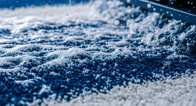 Close-up of laundry detergent foam and bubbles with water splashing on a blue and white fabric texture