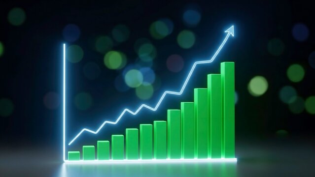 Glowing 3D Uptrend Financial Chart: Rising Green Bars and Line Graph on Dark Bokeh Background - Powered by Adobe