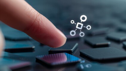 "Finger interacting with microchip and network overlay representing AI systems"