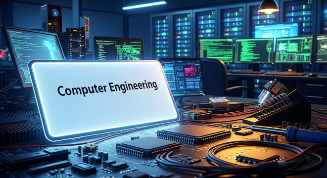 Computer engineering workspace with technology and screens in dim light  