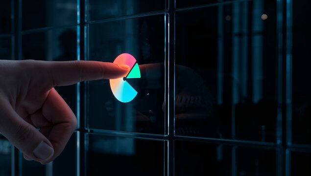 "Finger touching glowing pie chart on glossy tile interface for analytics"
