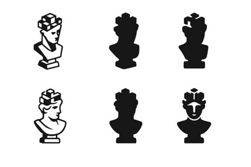 AI Creative Logos. AI in creative industries. Icon set. Set Logo of AI in creative industries: 3D sculpture bust with voxel brain. harmonious logo variations