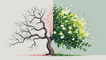 Contrasting tree depicting seasonal change with bare branches on one side and vibrant foliage with flowers on the other
