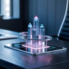 Holographic smart city architecture displayed on a modern tablet