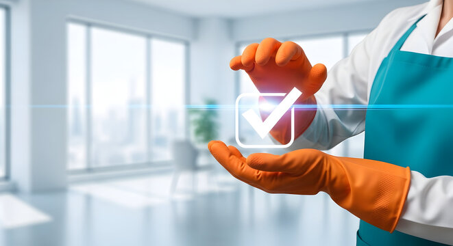 Professional Laundry Service Approved: Hands in Gloves Hold Checkmark Icon