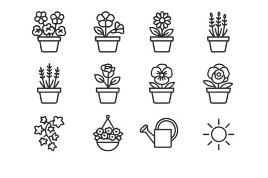 Balcony Plant Icons. Blooming balcony. Line icon set of blooming balcony: geranium pot, petunia pot, marigold pot, daisy pot, lavender pot, rose pot, pansy