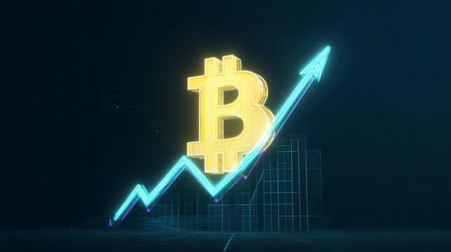 Ilustra&ccedil;&atilde;o de bitcoin com gr&aacute;fico ascendente representando valoriza&ccedil;&atilde;o, crescimento do mercado de criptomoedas, investimentos digitais, estrat&eacute;gia financeira e avan&ccedil;o da tecnologia blockchain
