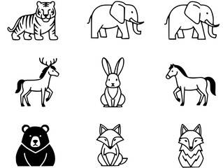 Fototapeta premium Minimal black and white land animal icon set in clean wildlife style
