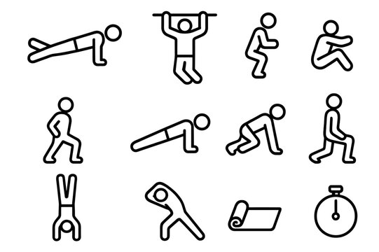 Bodyweight Exercise Icons. Bodyweight exercises. Line icon set of bodyweight exercises: push-up figure, pull-up figure, sit-up figure, burpee, jump squat,