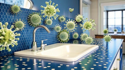 Visualization of Viruses in a Bathroom Setting Highlighting Hygiene Importance