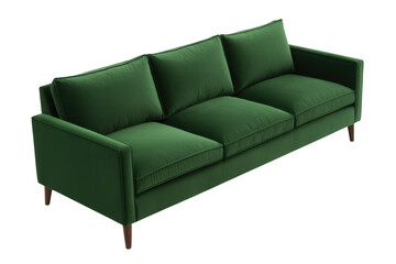 Obraz premium Green velvet three-seater sofa with plush cushions and wooden legs isolated on a transparent background
