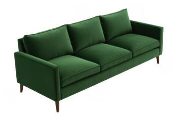 Green velvet three-seater sofa with plush cushions and wooden legs isolated on a transparent background