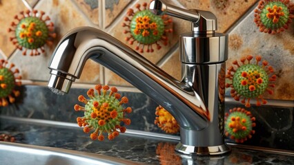Creative Concept of Virus Particles Around Faucet in Bathroom Setting