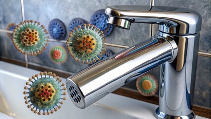 Close-Up of Viruses Near Bathroom Faucet Highlighting Hygiene Importance