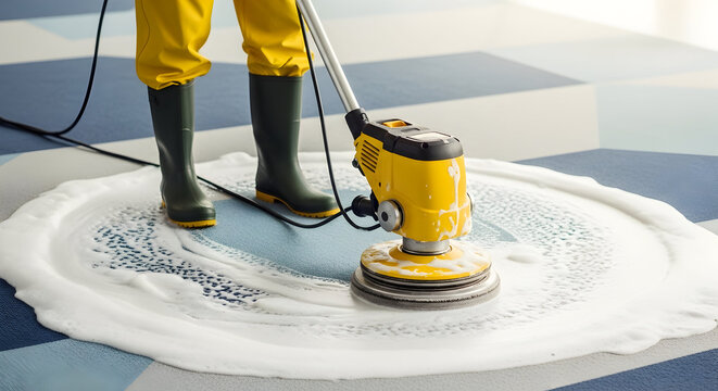Professional carpet cleaning in progress with floor buffer machine and foaming detergent.
