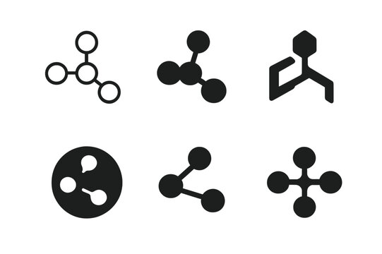 Chemical Logo Variations. Chemical composition. Icon set. Set Logo of chemical composition: molecular structure with bonded atoms. harmonious logo variations