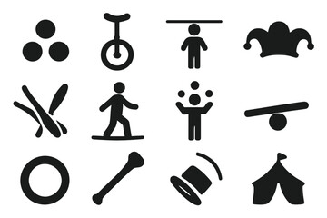 Obraz premium Circus Skills Icons. Learning Juggling or Balance Tricks. Solid icon set of juggling balls, unicycle, balancing stick, clown hat, juggling clubs, tightrope,