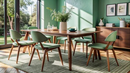 Contemporary Dining Room with Green Decor and Natural Light