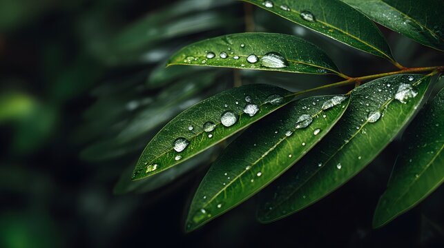 Vibrant green foliage displays numerous clear water droplets after rainfall or heavy dew