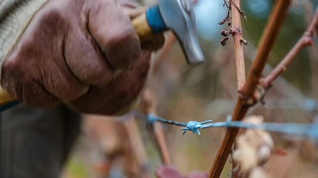Vineyard caretaker skillfully restoring trellis stability by hammering and tightening wires ensuring optimal support for grapevines in an outdoor setting.