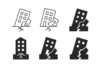 Collapsed Building Icons. Collapsed buildings. Icon set. Set Logo of Collapsed buildings: Cracked wall. harmonious logo variations of the same emblematic