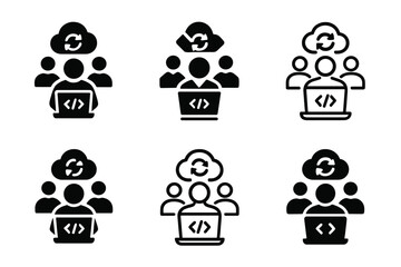 Collaborative Coding Logos. developer coding in a collaborative workspace. Icon set. Set Logo of developer coding in a collaborative workspace: cloud sync and