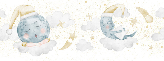 Moon watercolor seamless border with clouds, stars and cosmic splashes. Illustration of sky pattern for nursery designs. Dreamy celestial art in pastel colors for baby shower greeting card or invite.