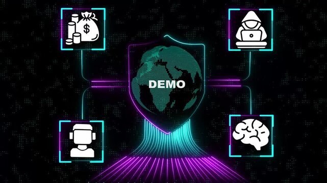 glowing neon Business Product Demo and Technology Showcase Background Futuristic Neon Shield with Demo Presentation Concept Innovation, Marketing. Businessman a Demo on a projection. 4k video.