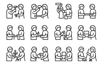 Fototapeta premium Cooperative Parenting Icons. Cooperative Tasks. Line icon set of Cooperative Tasks: parents hammering, parents drilling, parents painting wall, parents