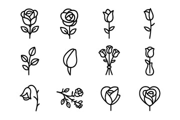 Obraz premium Rose Line Icon Set. Rose in bloom. Line icon set of Rose in bloom: blooming rose, rose flower, rosebud, thorned stem, stem with leaves, single petal, rose