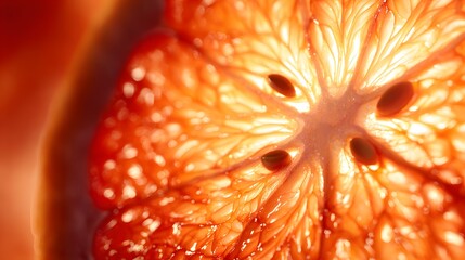 Extreme close up reveals the backlit, fibrous structure of a halved citrus fruit segment with visible seeds