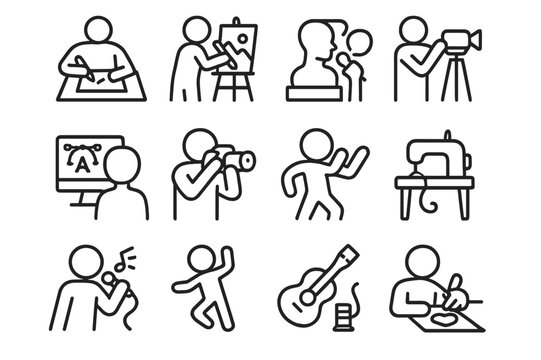 Creative Icon Grid. Creative activities. Line icon set of creative activities: drawing, painting, sculpting, designing, photographing, filming, singing,
