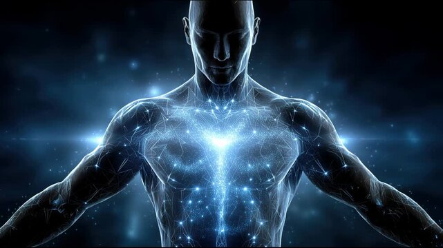 Glowing human silhouette with radiant heart and digital particles on dark background. Symbol of spirituality, harmony, meditation, inner energy, and balance of mind and body