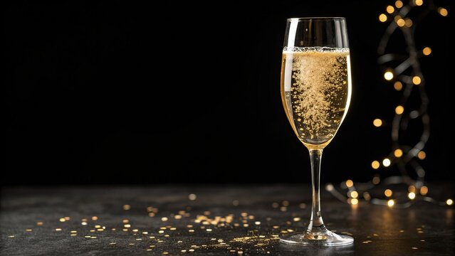 Golden Champagne Glass with Rising Bubbles on Black Background - 1 - Powered by Adobe
