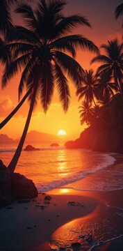 Dramatic Orange and Red Sky over Ocean Waves and Sandy Shoreline, vertical wallpaper