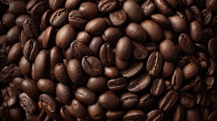 Fototapeta premium Coffee beans arranged in a tight, structured rows grid pattern for a highly organized close-up background, showcasing the texture, sheen, and uniformity of roasted brown beans in precise order