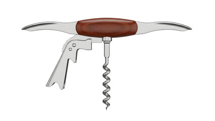Classic winged corkscrew with wooden handle isolated on White background