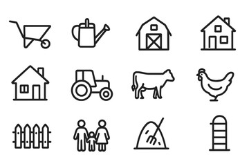 Family Farm Chores Icons. Family farm chores. Line icon set of Family farm chores: wheelbarrow, watering can, vegetable garden, barn, farmhouse, tractor, cow,