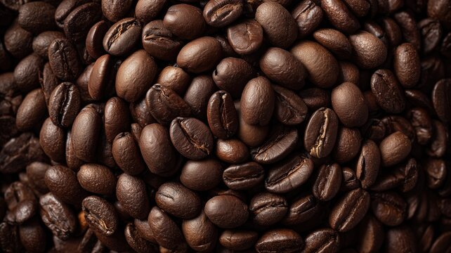 Coffee beans arranged in a tight, structured rows grid pattern for a highly organized close-up background, showcasing the texture, sheen, and uniformity of roasted brown beans in precise order