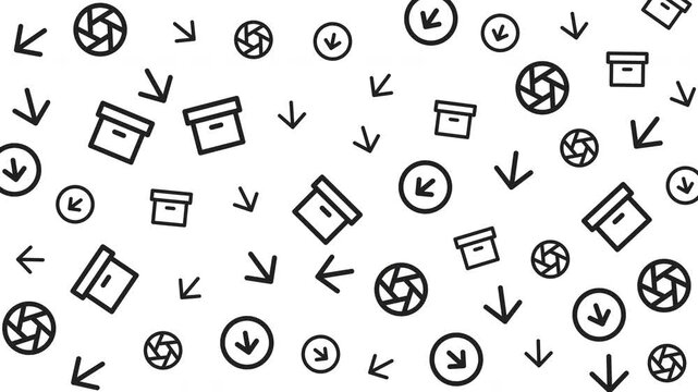Seamless black and white pattern of clocks, arrows, and cups, abstract graphic design for creative backgrounds and digital artwork