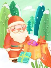 Cartoon Christmas Santa Claus with Gifts Flat Design Winter Landscape