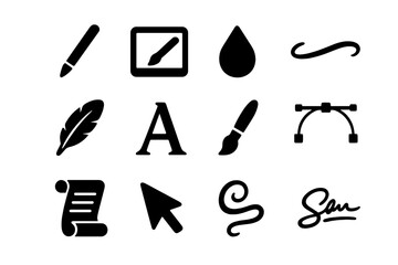 Fototapeta premium Digital Calligraphy Icons. Digital calligraphy. Solid icon set of digital calligraphy: stylus pen, tablet, ink drop, script line, feather quill, letter A,