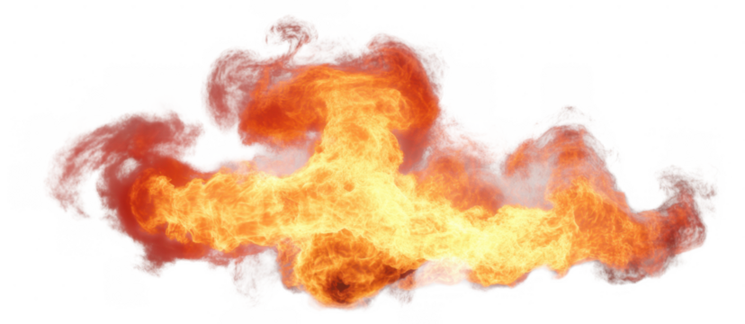 Fiery orange and yellow explosion with white smoke isolated on a transparent background