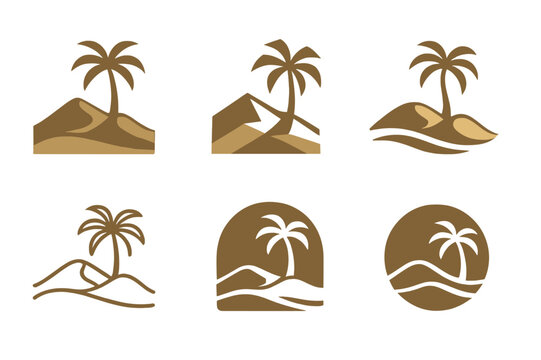 Desert Oasis Logos. Desert dunes. Icon set. Set Logo of desert dunes: oasis with palm tree icon. harmonious logo variations of the same emblematic concept,