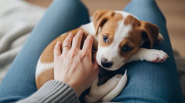 ジーンズの膝の上で撫でられる子犬