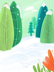 Cartoon Winter Fresh Healing Flat Design Mountain Forest Landscape