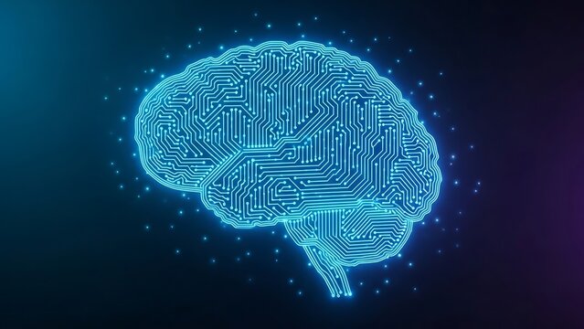 Artificial intelligence brain circuit board concept on dark blue background