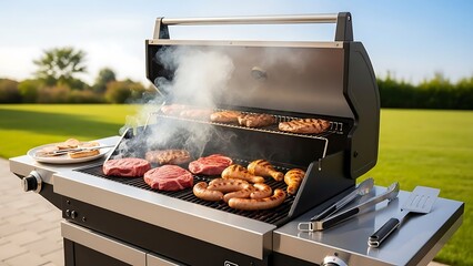 Barbecue party with delicious meat grilled on outdoor gas grill