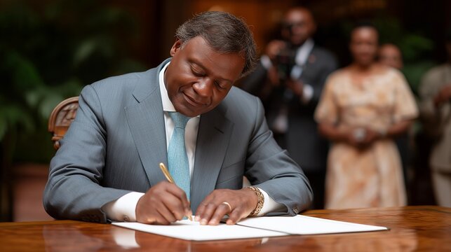 A diplomat signing a historic international treaty at a polished wooden table as observers and photographers watch — ceremonial global agreement, cross-nation cooperation, and pivotal diplomatic